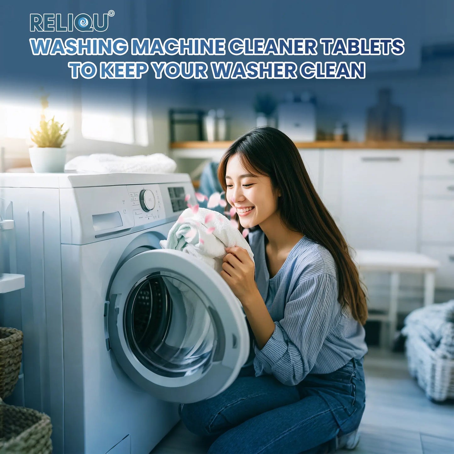 washer cleaner tablets, clean washing machine, front load washer care, woman using laundry cleaner, fresh laundry routine, top washer maintenance tips