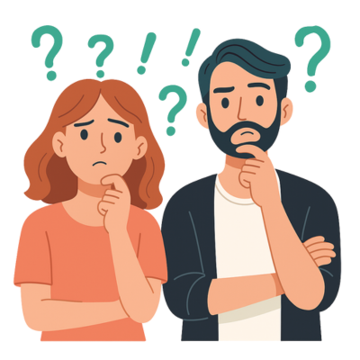 Illustration of a man and woman with question marks above their heads, indicating confusion or uncertainty.