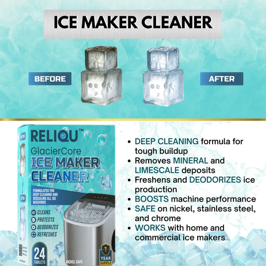 Reliqu Ice Maker Cleaner packaging with 'Before' and 'After' ice cubes on a blue background.