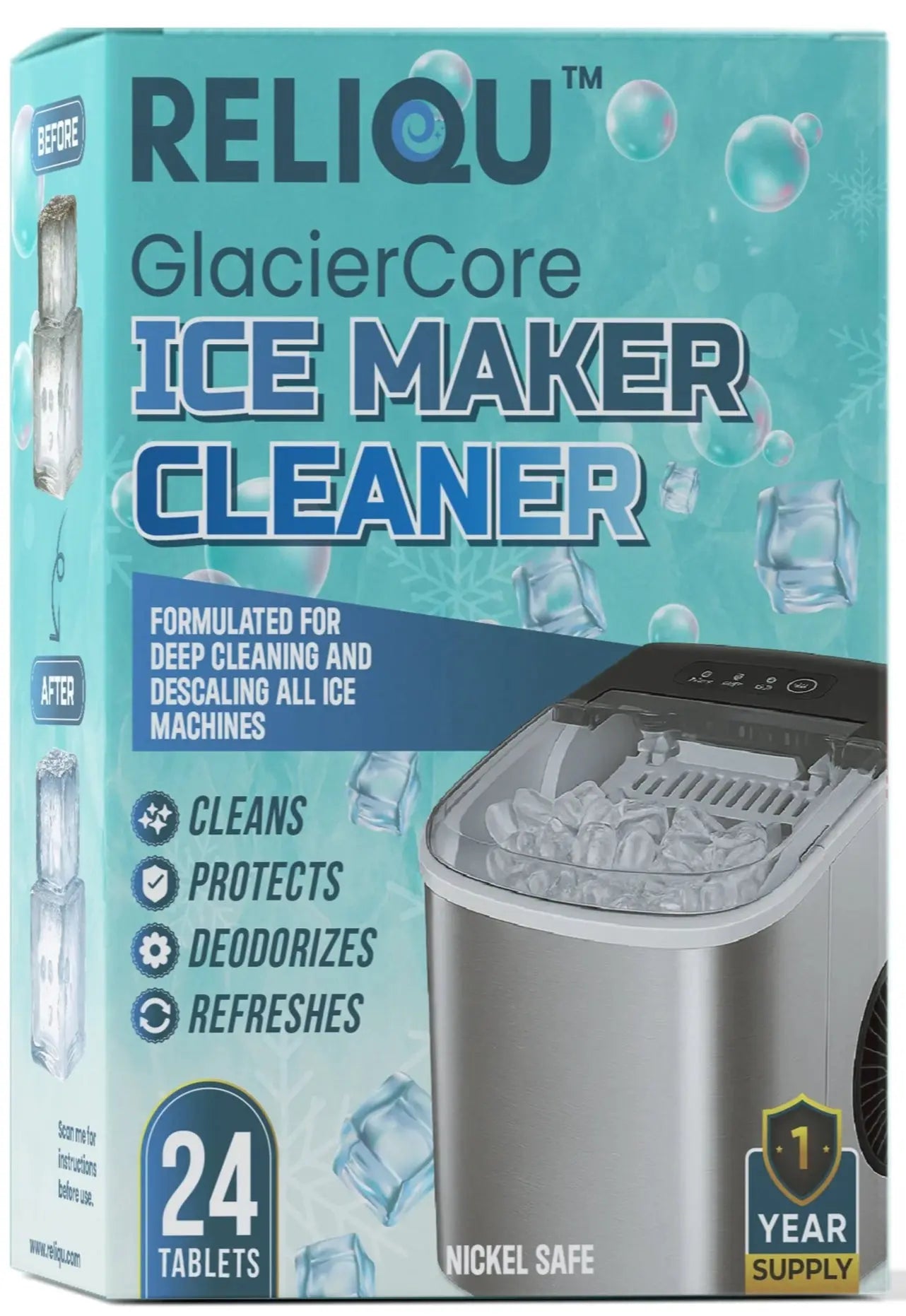 Reliqu GlacierCore Ice Maker Cleaner packaging on a white background