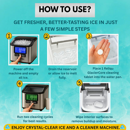 Instructions on how to use a cleaning tablet for an ice maker with step-by-step images and text.