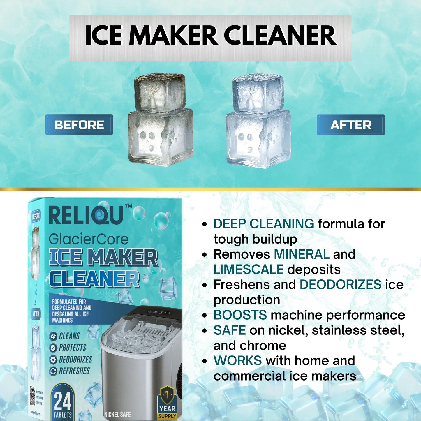Reliqu Ice Maker Cleaner packaging with 'Before' and 'After' ice cubes on a blue background.