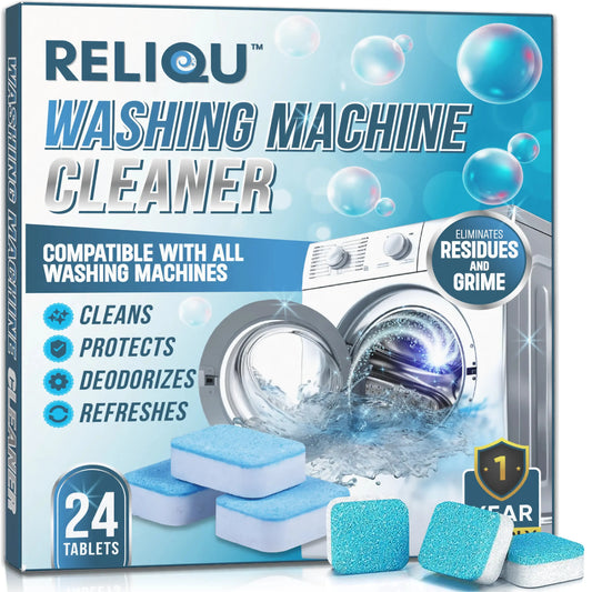 Reliqu washing machine cleaner packaging with text and images of a washing machine and cleaning tablets.